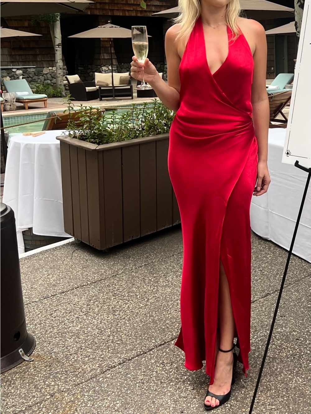Bec & Bridge Red Satin Halter Maxi Dress with Front Slit